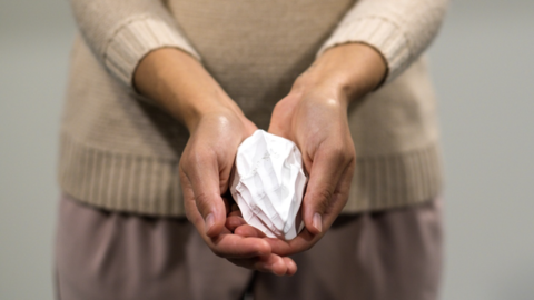 Two hands holding a white abstract object