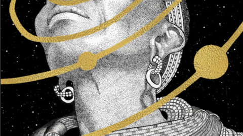A black and white drawing of a face with gold spirals around it