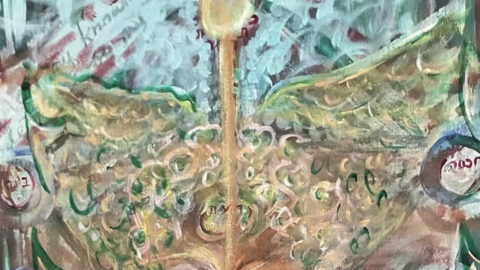 Colorful painting of a figure with wings emerging from its head