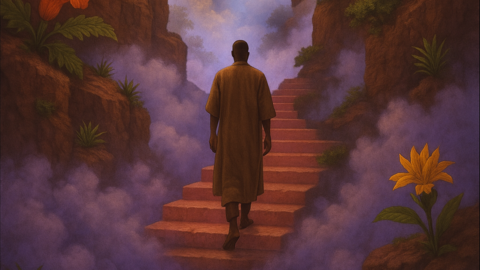 Painting of a person walking towards the moon