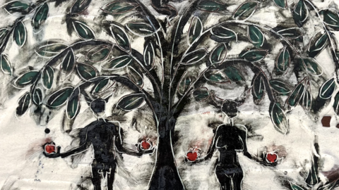A ceramic tile showing two human figures under a tree