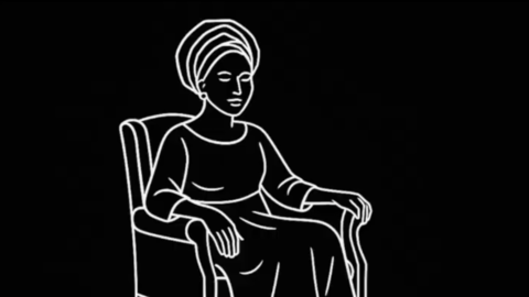 Line drawing of a woman sitting in a chair