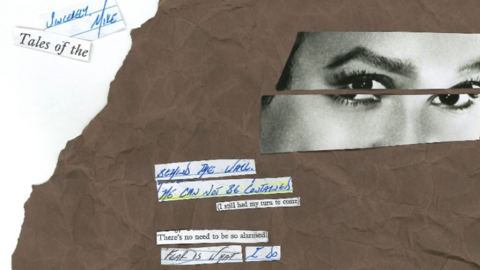 A collage with a face, pillar, and bicycler 